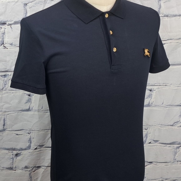 Burberry Men's Polo Shirt Navy Fine Mesh Gold Metal Equestrian Knight XS - Picture 3 of 16